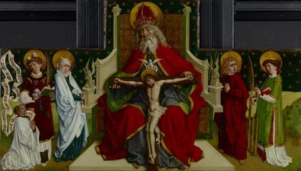 Die Dreifaltigkeit mit der Jungfrau, den Heiligen Johannes dem Evangelisten, Stephanus und Laurentius und einem Stifter, 1479